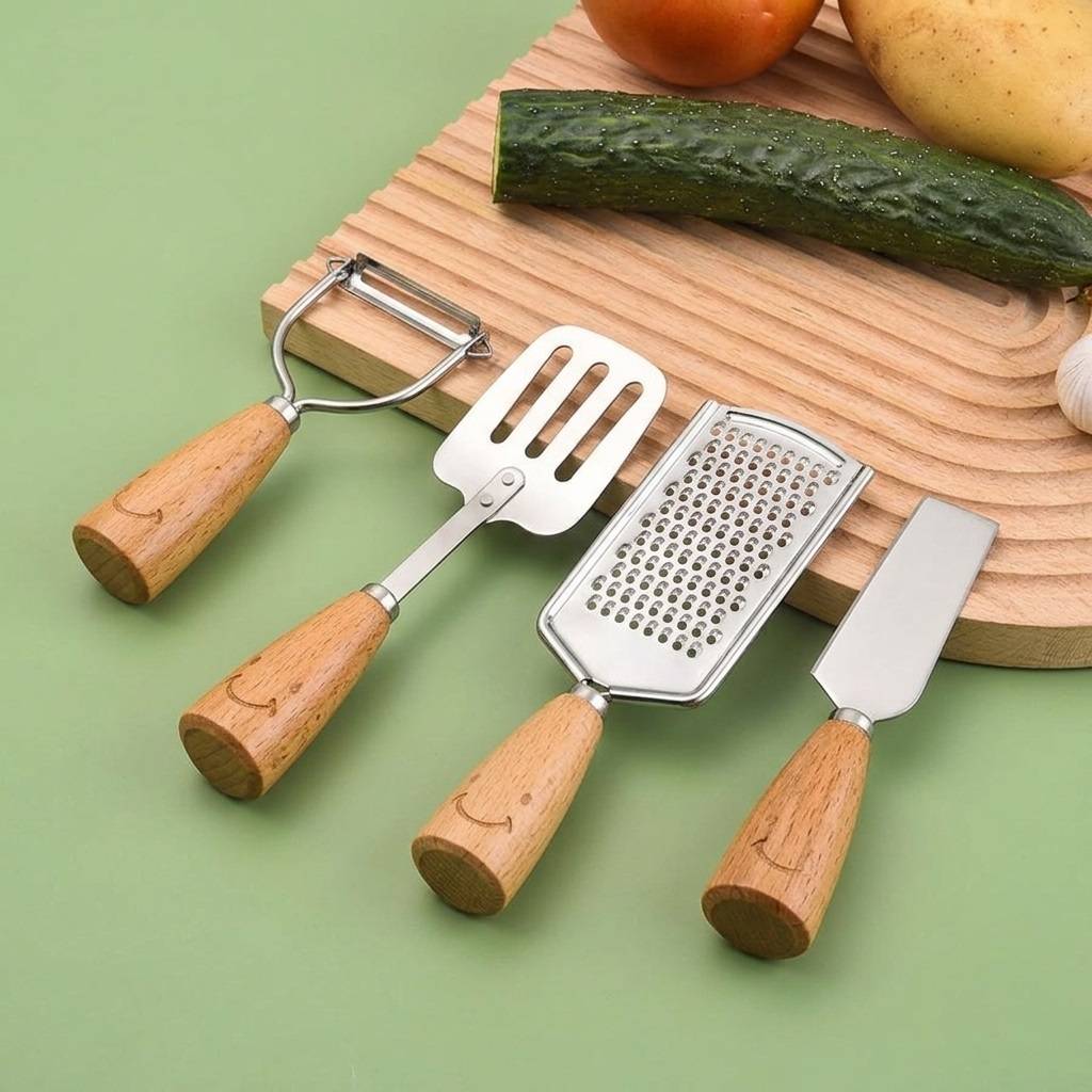 4 Piece Wooden Handle Kitchenware Set